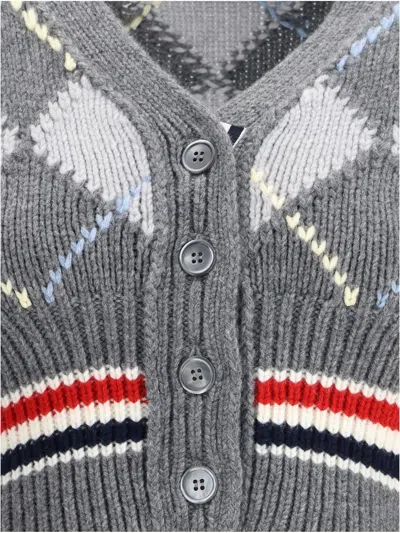 Thom Browne Argyle Intarsia Shrunken Virgin Wool Blend Cardigan In Gray