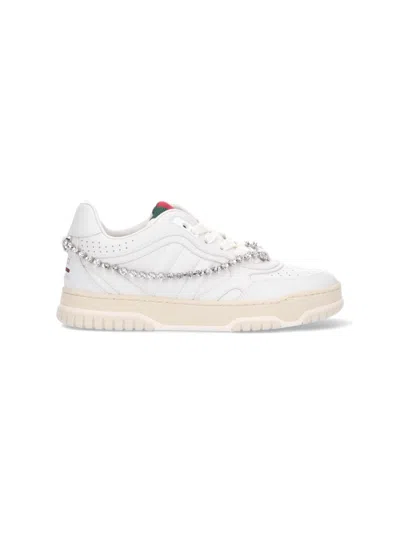 Gucci Re-web Grosgrain-trimmed Crystal-embellished Leather Sneakers In White