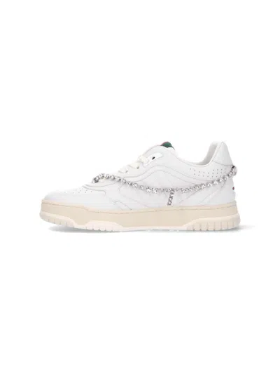 Gucci Re-web Grosgrain-trimmed Crystal-embellished Leather Sneakers In White