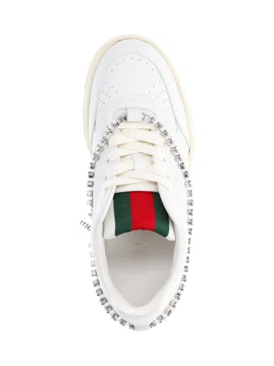 Gucci Re-web Grosgrain-trimmed Crystal-embellished Leather Sneakers In White