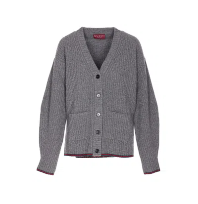 Gucci Women Ribbed Knit Wool Cardigan In Gray