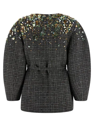 Fendi Tweed Blazer Belted Waist Puff Sleeves In Gray