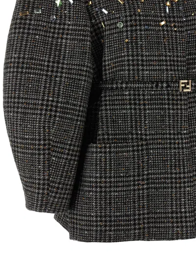 Fendi Tweed Blazer Belted Waist Puff Sleeves In Gray