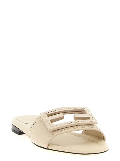 Fendi Baguette Ff Leather Buckle Flat Slide Sandals In White