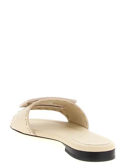 Fendi Baguette Ff Leather Buckle Flat Slide Sandals In White