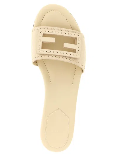 Fendi Baguette Ff Leather Buckle Flat Slide Sandals In White