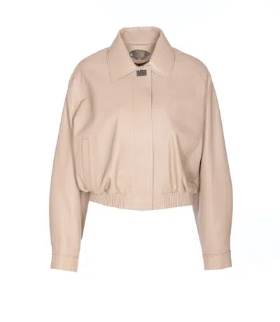 Fendi Leather Jacket With Collared Design And Pockets In Brown