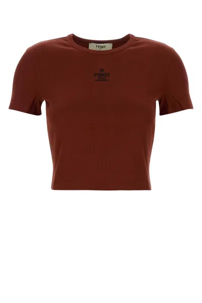 Fendi Women Brick Stretch Cotton T-shirt In Burgundy