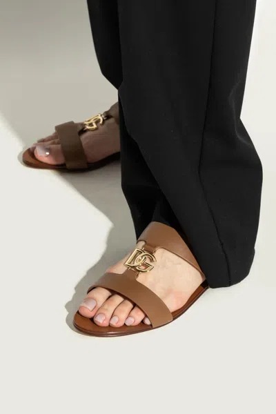 Dolce & Gabbana Bianca Logo Slide Sandals In Brown