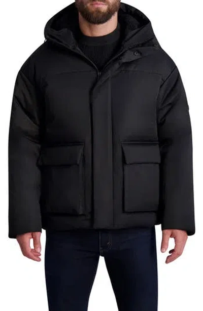 Karl Lagerfeld Twill Fleece Lined Hooded Down Jacket In Black