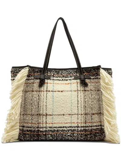Gianni Chiarini Marcella Tote Bag With Plaid Pattern And Fringe Detailing In Neutral