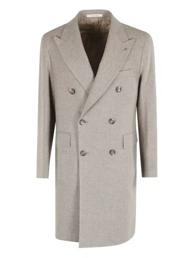 Tagliatore Double-breasted Sand Virgin Wool Coat With Pointed Lapel In Gray
