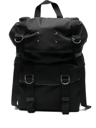 Maison Margiela Structured Black Bucket Bag With Adjustable Straps And Silver Accents In Black