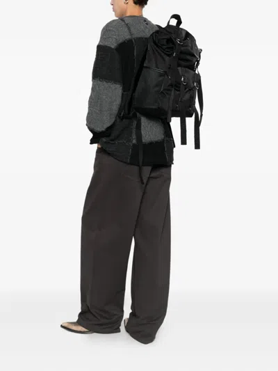 Maison Margiela Structured Black Bucket Bag With Adjustable Straps And Silver Accents In Black