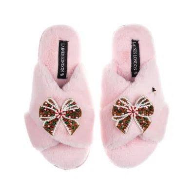 Laines London Women's Classic Laines Slippers With Christmas Gingerbread Bows Brooches - Pink In Animal Print