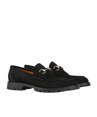 Gucci Suede Loafers Featuring Metallic Buckle In Black