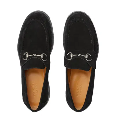 Gucci Suede Loafers Featuring Metallic Buckle In Black