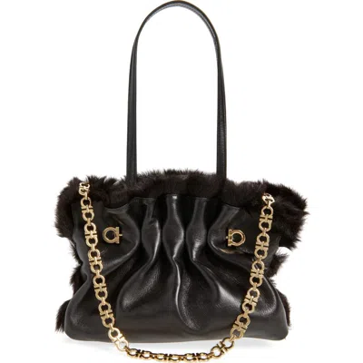 Ferragamo Small Gancio Piercing Soft Leather & Genuine Shearling Shoulder Bag In Black