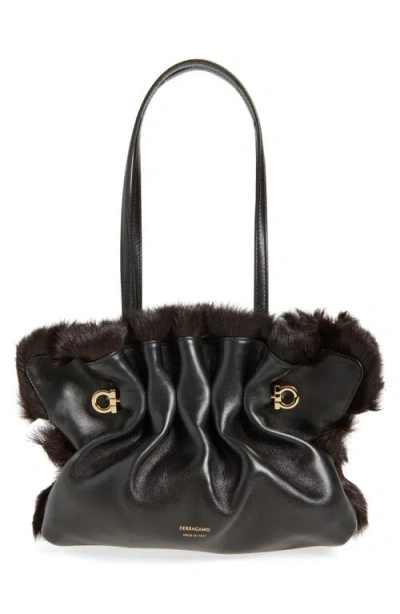Ferragamo Small Gancio Piercing Soft Leather & Genuine Shearling Shoulder Bag In Black