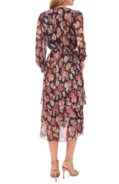 Vince Camuto Metallic Floral Long Sleeve Plissé Midi Dress In Multi