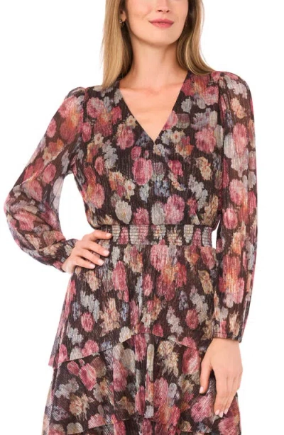 Vince Camuto Metallic Floral Long Sleeve Plissé Midi Dress In Multi