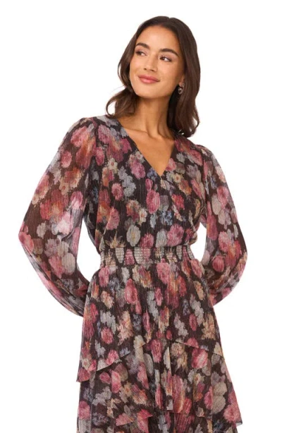 Vince Camuto Metallic Floral Long Sleeve Plissé Midi Dress In Multi