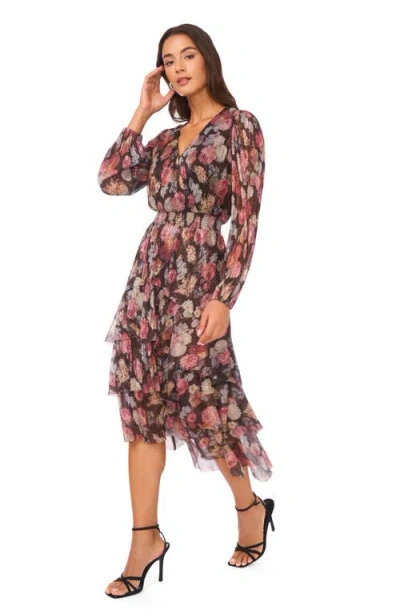 Vince Camuto Metallic Floral Long Sleeve Plissé Midi Dress In Multi