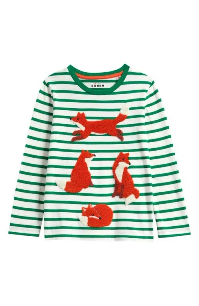 Mini Boden Kids' Stripe Bouclé Fox Long Sleeve T-shirt In Green