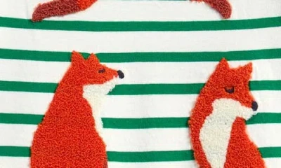 Mini Boden Kids' Stripe Bouclé Fox Long Sleeve T-shirt In Green