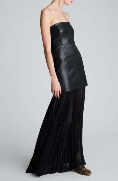 Kenneth Cole Faux Leather Mixed Media Pleated Maxi Dress In Black