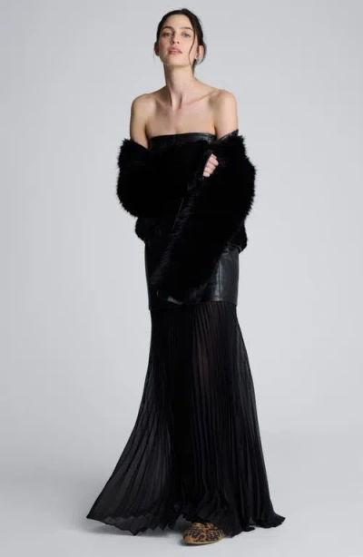 Kenneth Cole Faux Leather Mixed Media Pleated Maxi Dress In Black