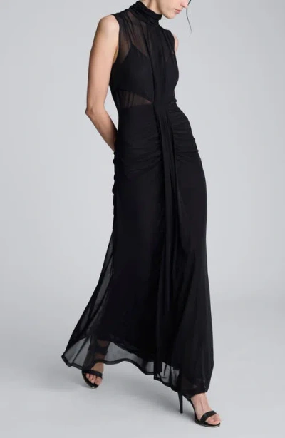 Kenneth Cole Solid Mesh Pleated Bodice Maxi Dress In Black