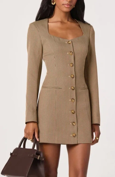 Astr The Label Houndstooth Long Sleeve Button-up Minidress In Brown