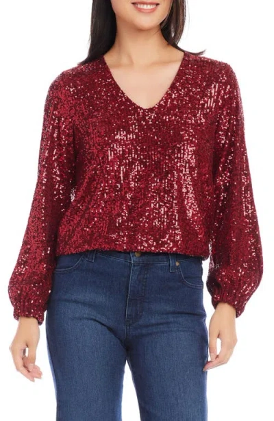Karen Kane Sequin V-neck Top In Red