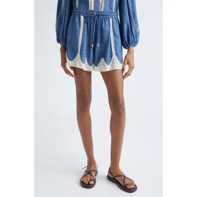 Zimmermann Awaken Lace-trimmed Denim Shorts In Blue