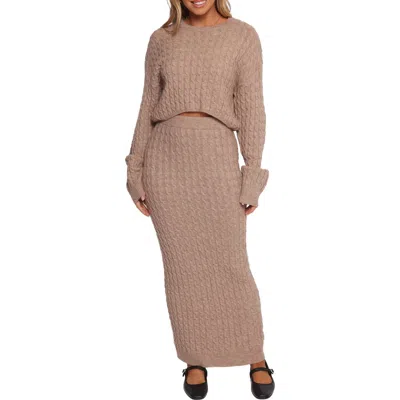 Petal And Pup Petal & Pup Reid Cable Knit Crop Sweater & Maxi Skirt Set In Brown