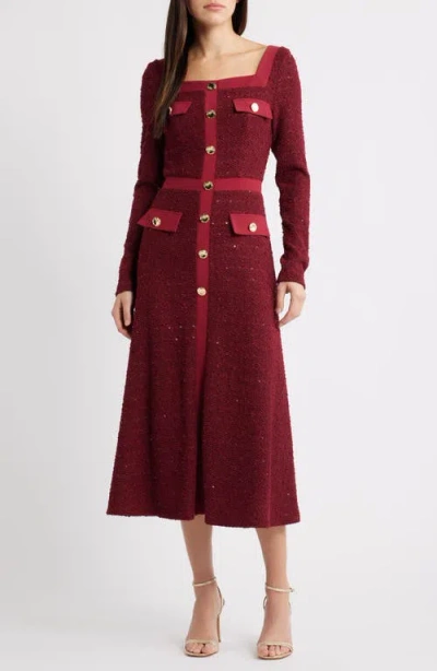 Black Halo Chiara Sequin Long Sleeve Midi Dress In Red