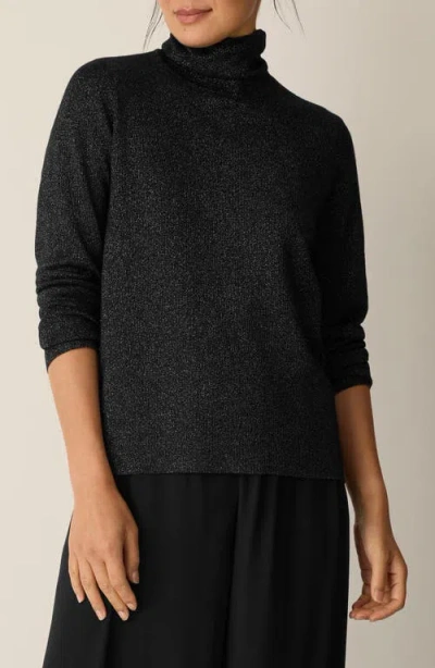 Eileen Fisher Long Sleeve Metallic Wool Blend Turtleneck Top In Black