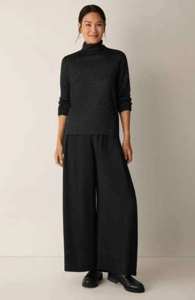 Eileen Fisher Long Sleeve Metallic Wool Blend Turtleneck Top In Black