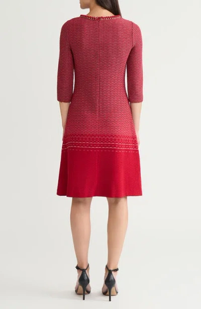 Ming Wang Ombre Chain Trim Textured Knit Dress In Red
