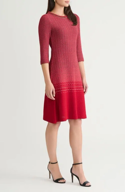 Ming Wang Ombre Chain Trim Textured Knit Dress In Red