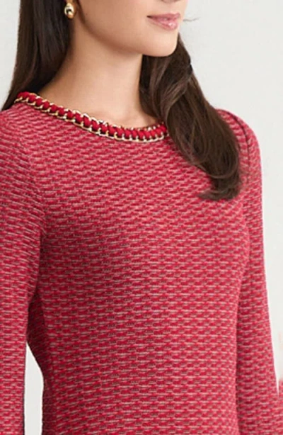Ming Wang Ombre Chain Trim Textured Knit Dress In Red