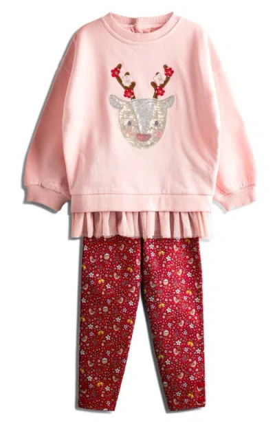Jojo Maman Bébé Jojo Maman Bebe Kids' Holiday Reindeer Sequin Appliqé Cotton Sweatshirt & Leggings Set In Pink