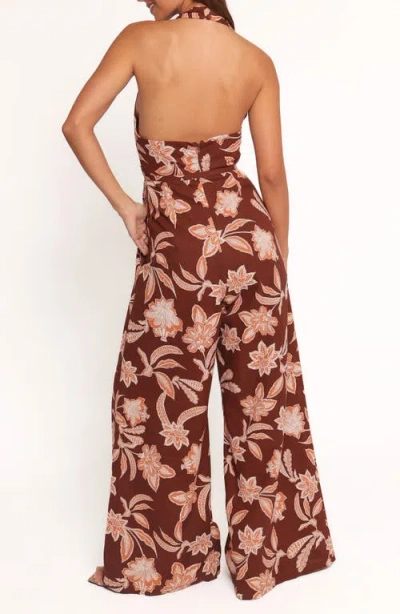 Petal And Pup Petal & Pup Kehlani Floral Halter Neck Wide Leg Cotton Blend Jumpsuit In Brown