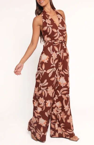 Petal And Pup Petal & Pup Kehlani Floral Halter Neck Wide Leg Cotton Blend Jumpsuit In Brown
