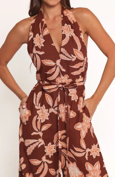 Petal And Pup Petal & Pup Kehlani Floral Halter Neck Wide Leg Cotton Blend Jumpsuit In Brown