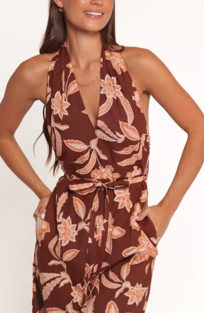 Petal And Pup Petal & Pup Kehlani Floral Halter Neck Wide Leg Cotton Blend Jumpsuit In Brown
