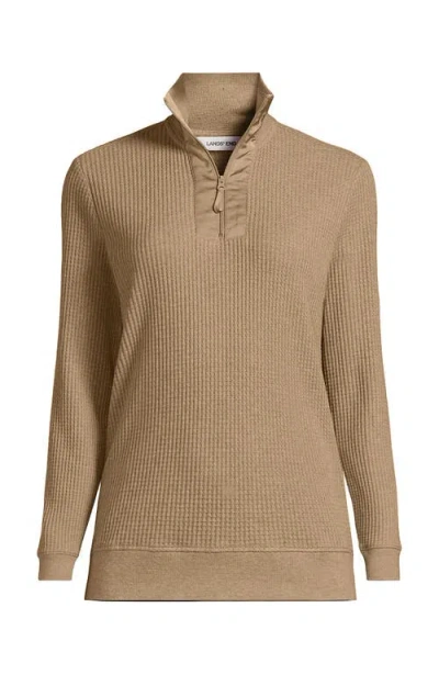 Lands' End Long Sleeve Waffle Quarter Zip Pullover In Brown