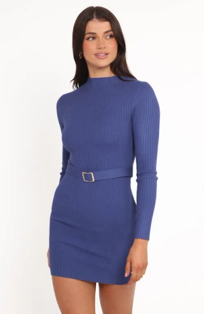 Petal And Pup Petal & Pup Wilda Belted Long Sleeve Rib Minidress In Blue