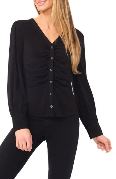 Cece Women's V-neck Long-sleeve Shirred Knit Top In Black